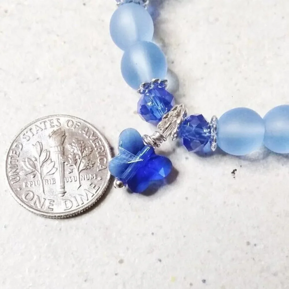 Blue Butterfly - Beaded Stretch Bracelet 4 Girls 5.5-6" Wrists! - Picture 3 of 9